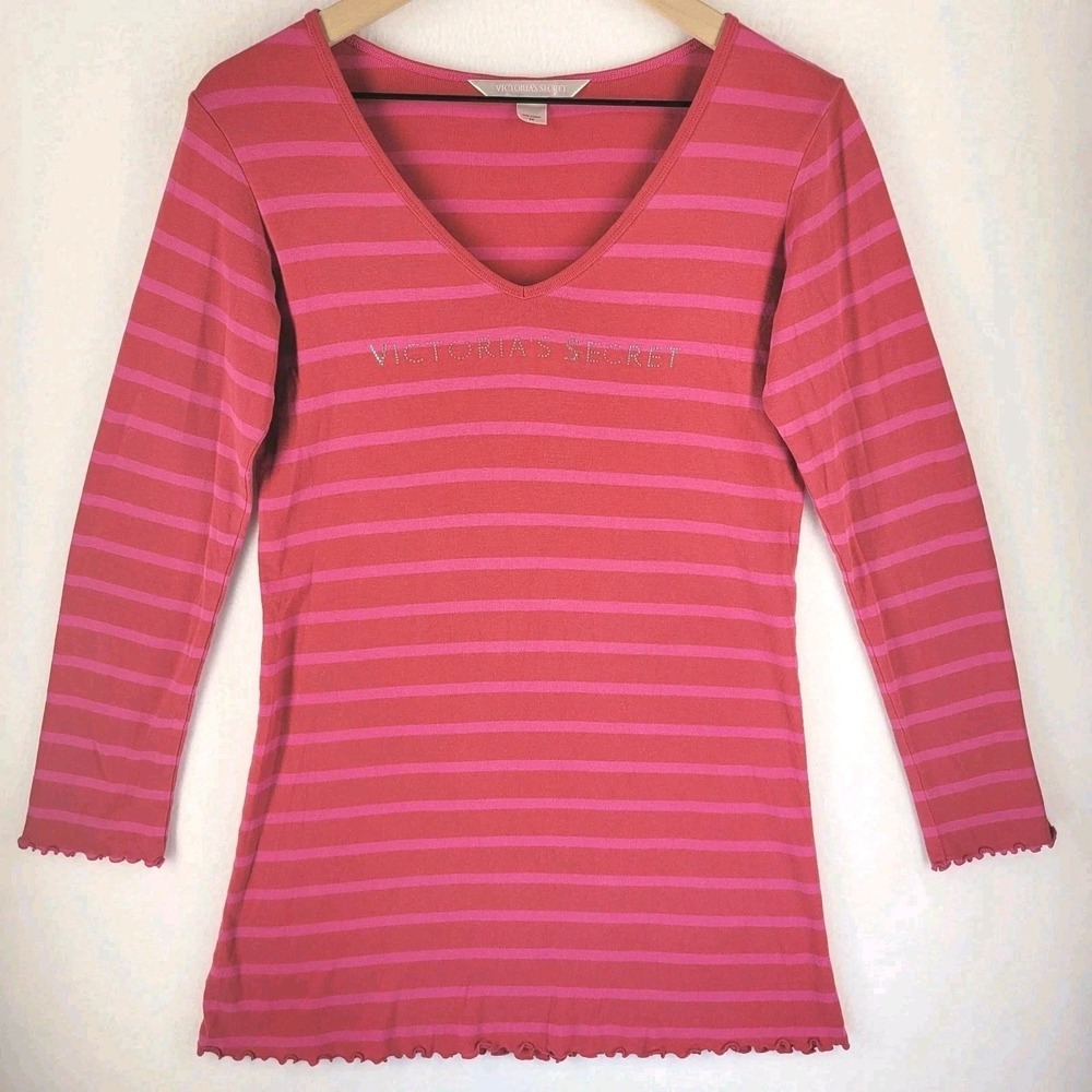 Victoria's‎ Secret Rhinestone Logo Striped Sleepshirt Pink Women's M Y2K McBling